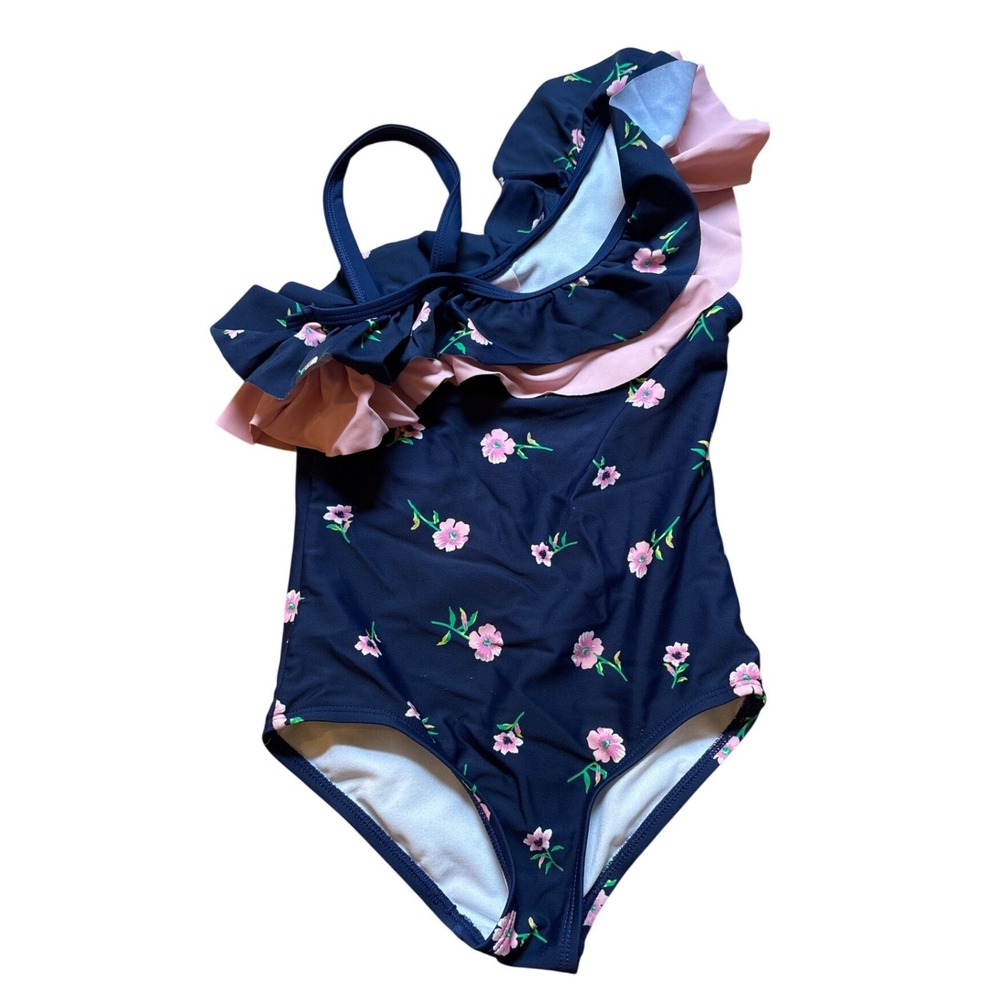 Kami Swimsuit Kids Navy Blue Excellent Floral One Shoulder Ruffle‎ SIZE 6